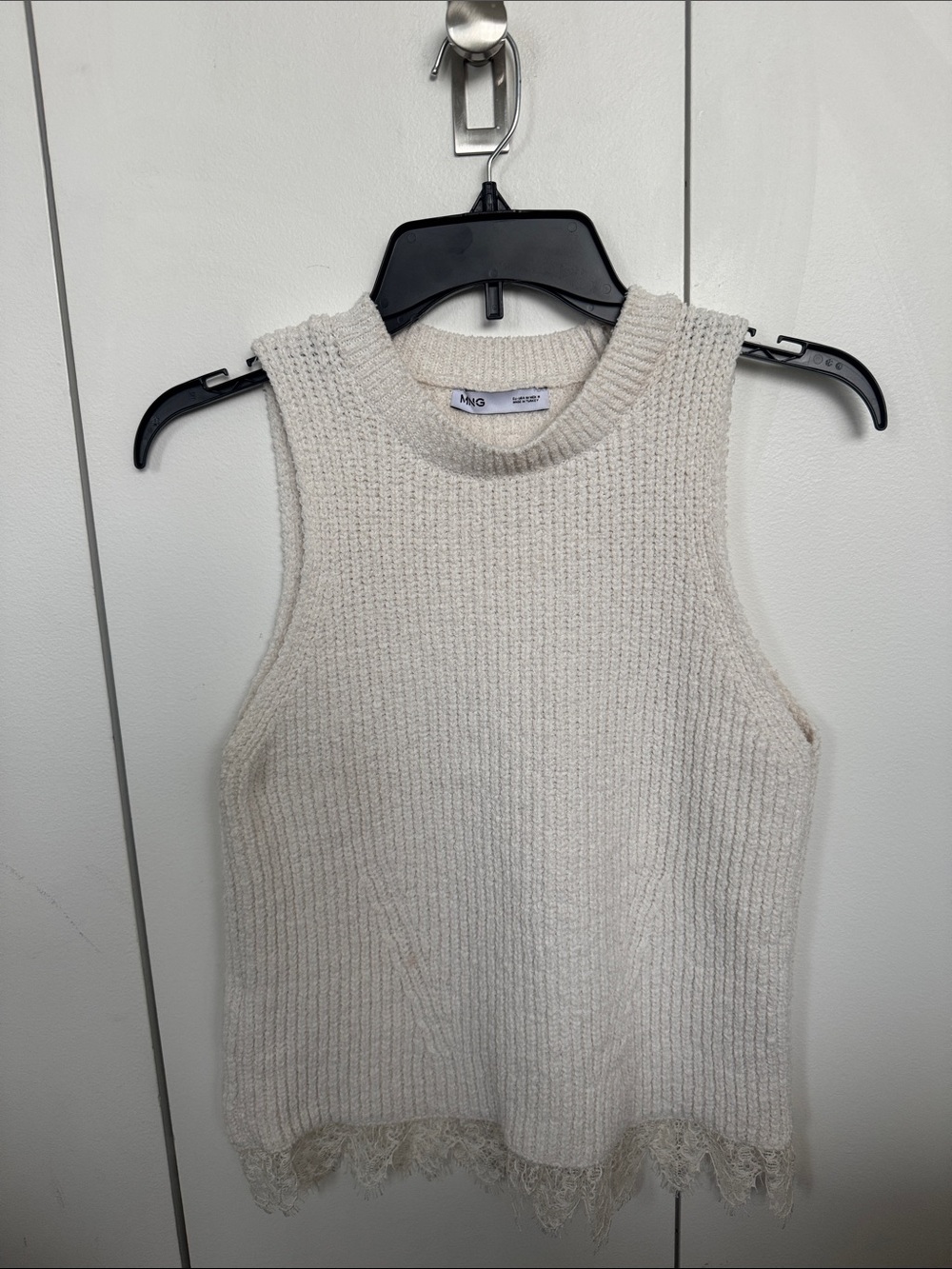 Mango Cream Ribbed Sleeveless Knit with Lace Trim